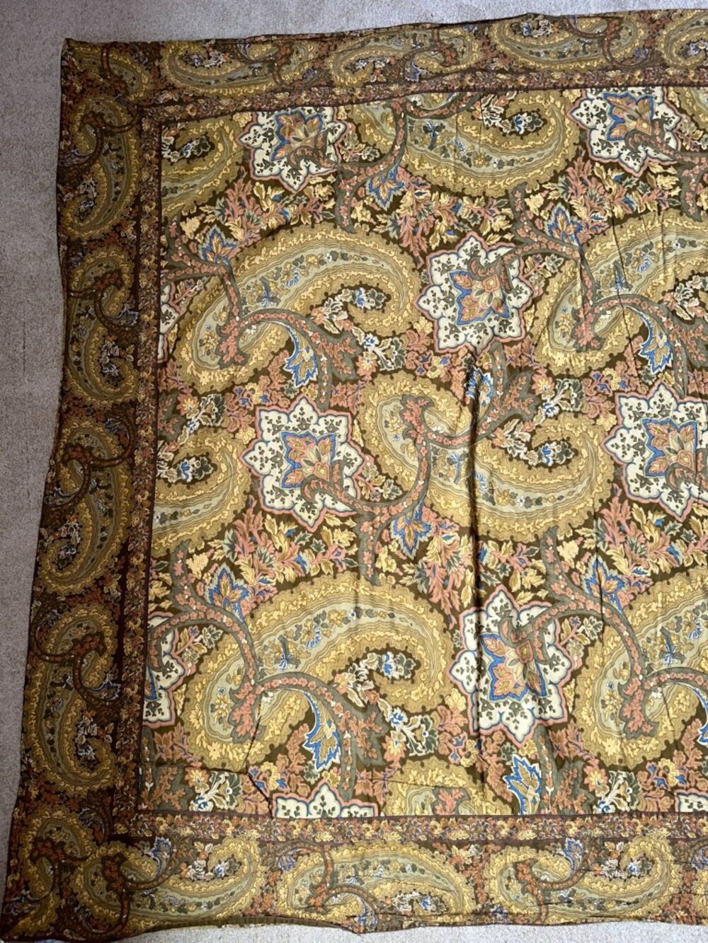 Vintage April Cornell Green Brown Paisley Rectangle Tablecloth 100% Cotton Boho